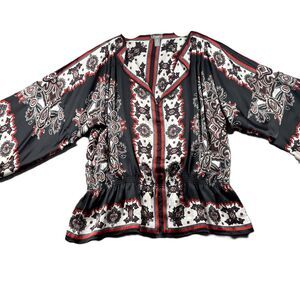 Chico's Travelers Women Boho Blouse Top Bell Sleeve Black Red Size 3 XL I162